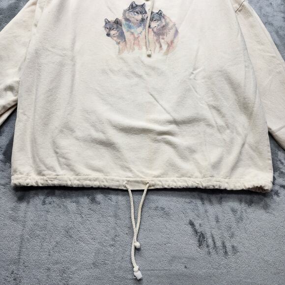 Vintage Wek The World Sweatshirt Mens 2(XL) Beige Wolves Wildlife Drawstring Hem - Picture 4 of 11